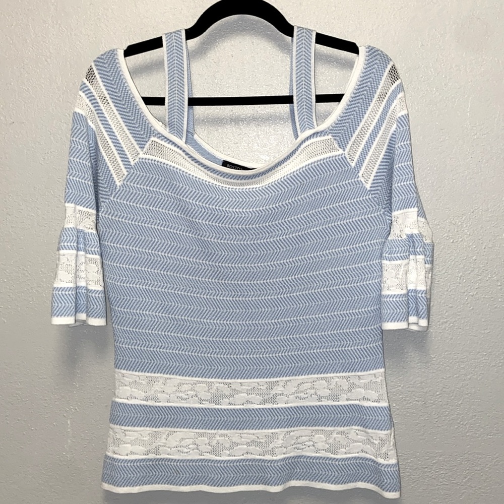 Boston Proper Off -the-Shoulder Blue & White Bell Sleeves Knit Sweater 3495